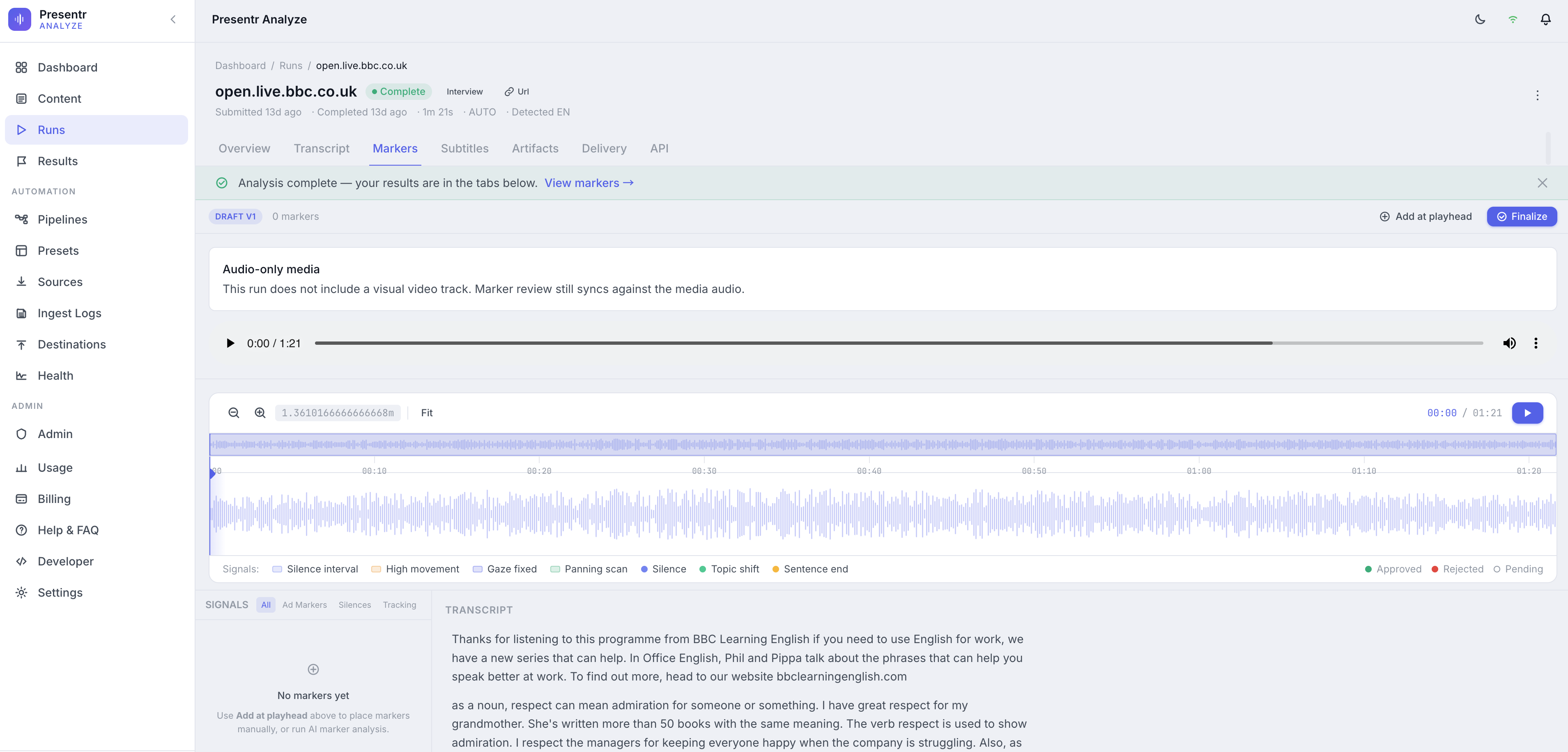 Presentr Analyze — markers view with waveform timeline