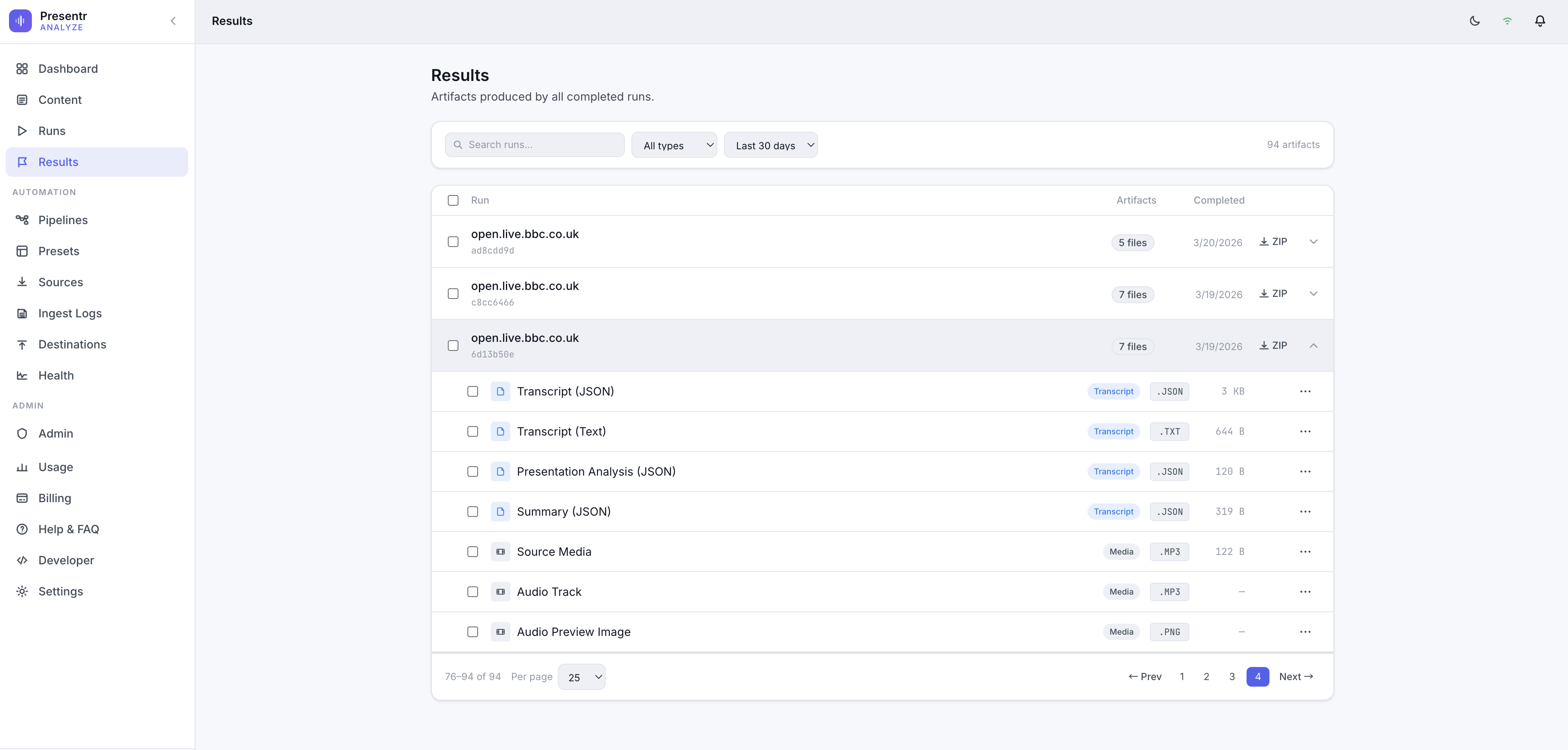 Presentr Analyze — results dashboard with artifacts