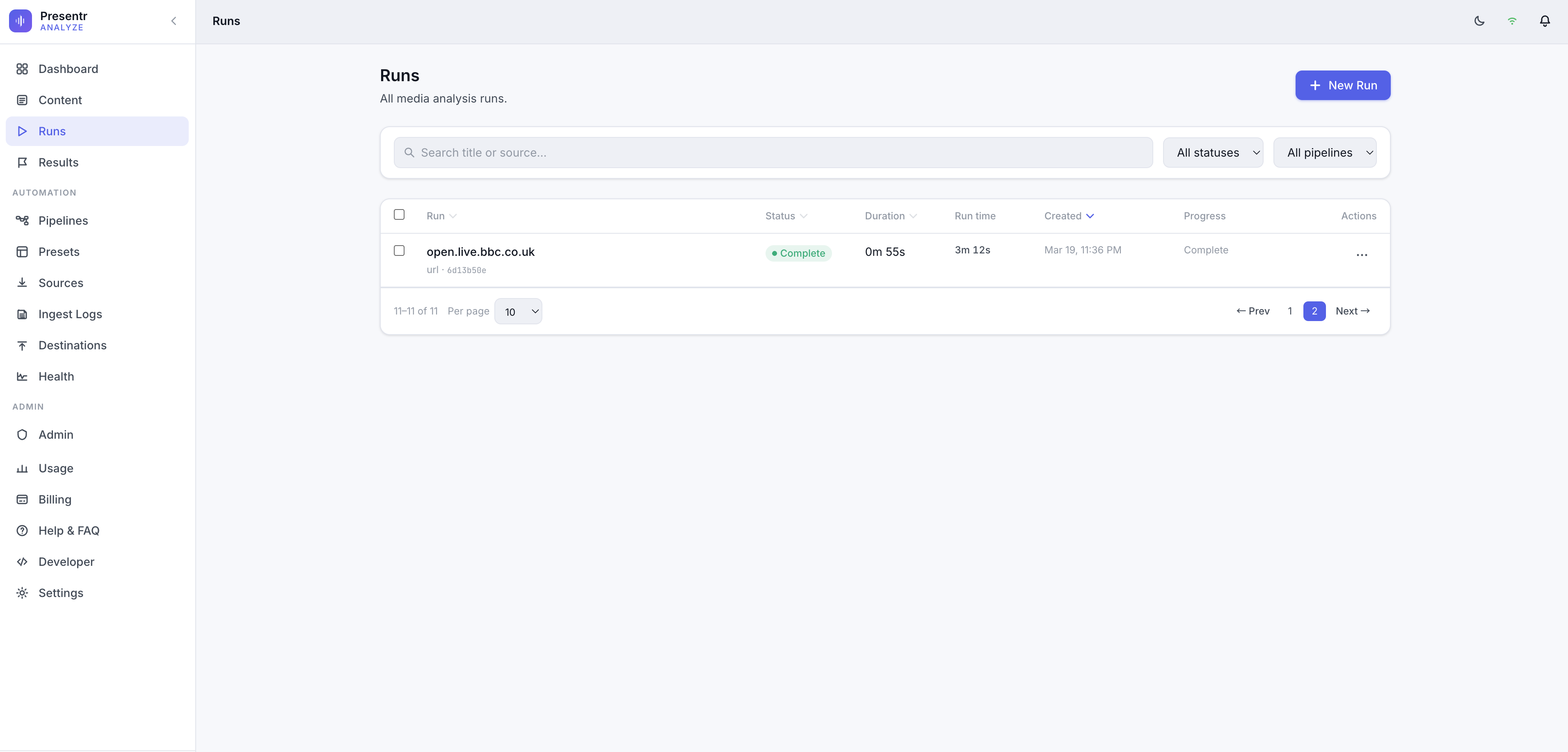 Presentr Analyze — runs dashboard